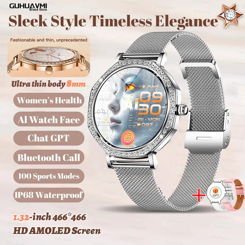 Montre Connectée Luxe Femme Diamant ChatGPT - 8mm Ultra Fine Bluetooth IP68 Or Rose - MONASTORESHOP.COM