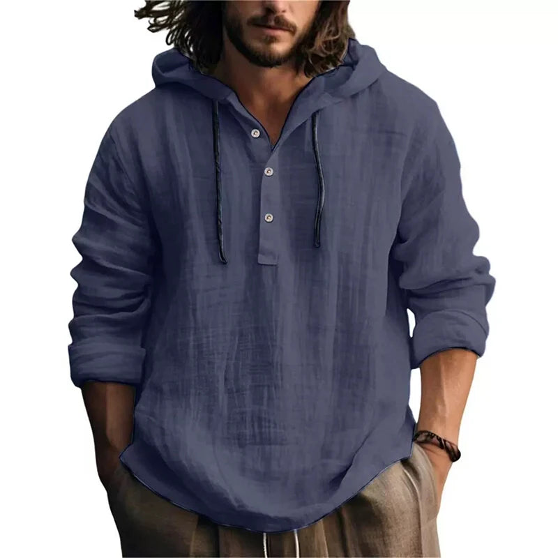 Chemise en lin homme à capuche bleu marine, patte boutonnée et manches longues