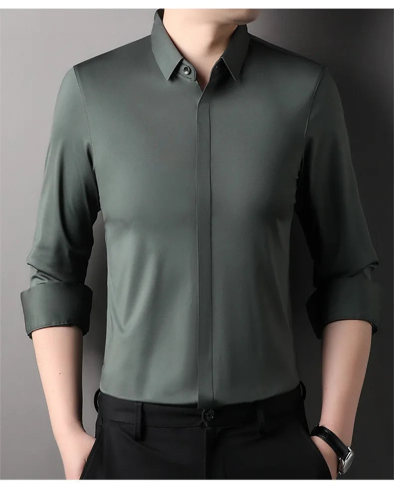 chemise hommes décontracté en soie polyester slim
