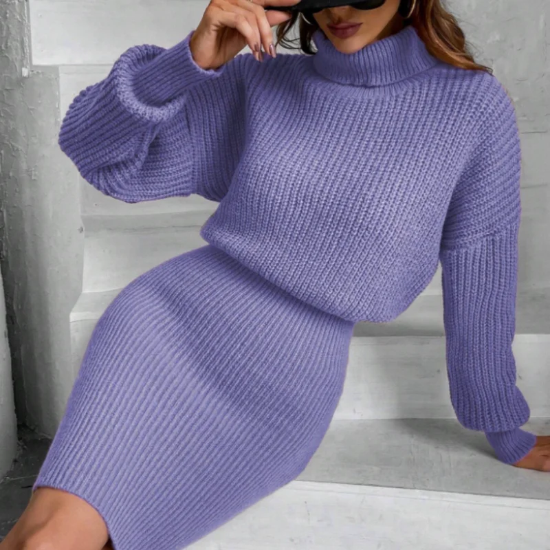 Robe à col haut de style élégant pour femmes, taille amincissante, tricot côtelé