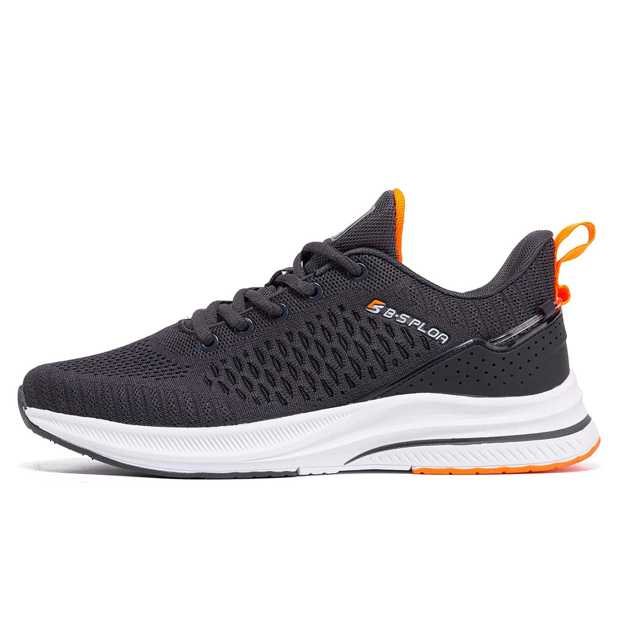 Chaussure running homme maille noire, lacets, semelle blanche amortie, liseré orange