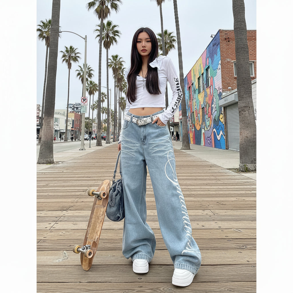 Jean Baggy Y2K Femme – Coupe Boyfriend Oversize, Imprimé Lettres Harajuku