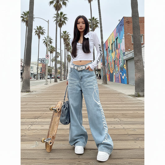 Jean Baggy Y2K Femme – Coupe Boyfriend Oversize, Imprimé Lettres Harajuku