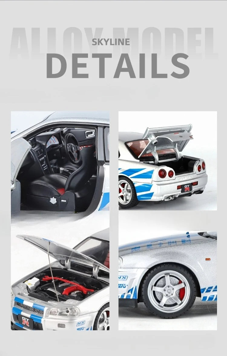 Modèle de voiture Nissan GT-R R34 Skyline en alliage roue démontable au 1/18