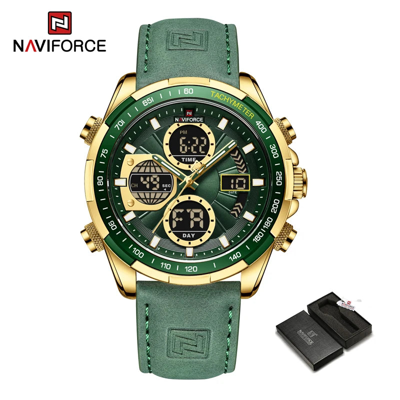 Montre homme sport cadran vert, boîtier doré, bracelet cuir vert, chronographe