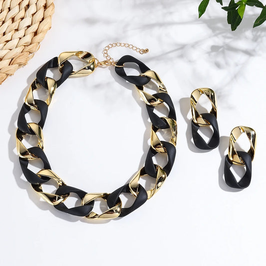 Parure collier ras-du-cou et boucles d’oreilles à maillons noir et doré