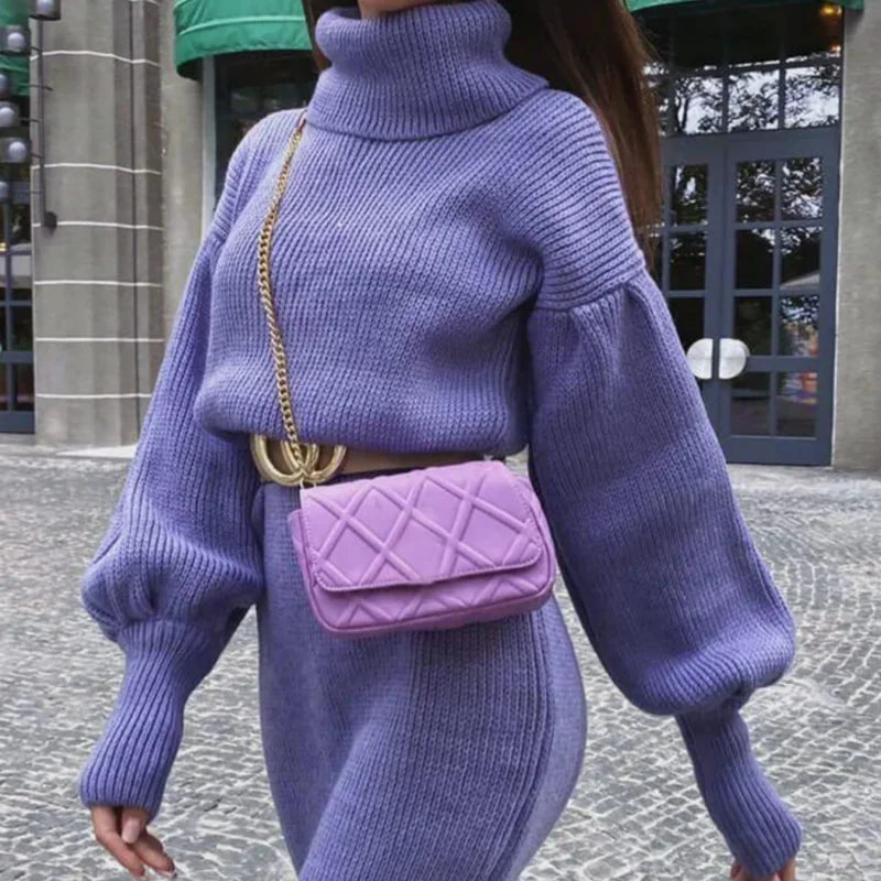 Robe à col haut de style élégant pour femmes, taille amincissante, tricot côtelé