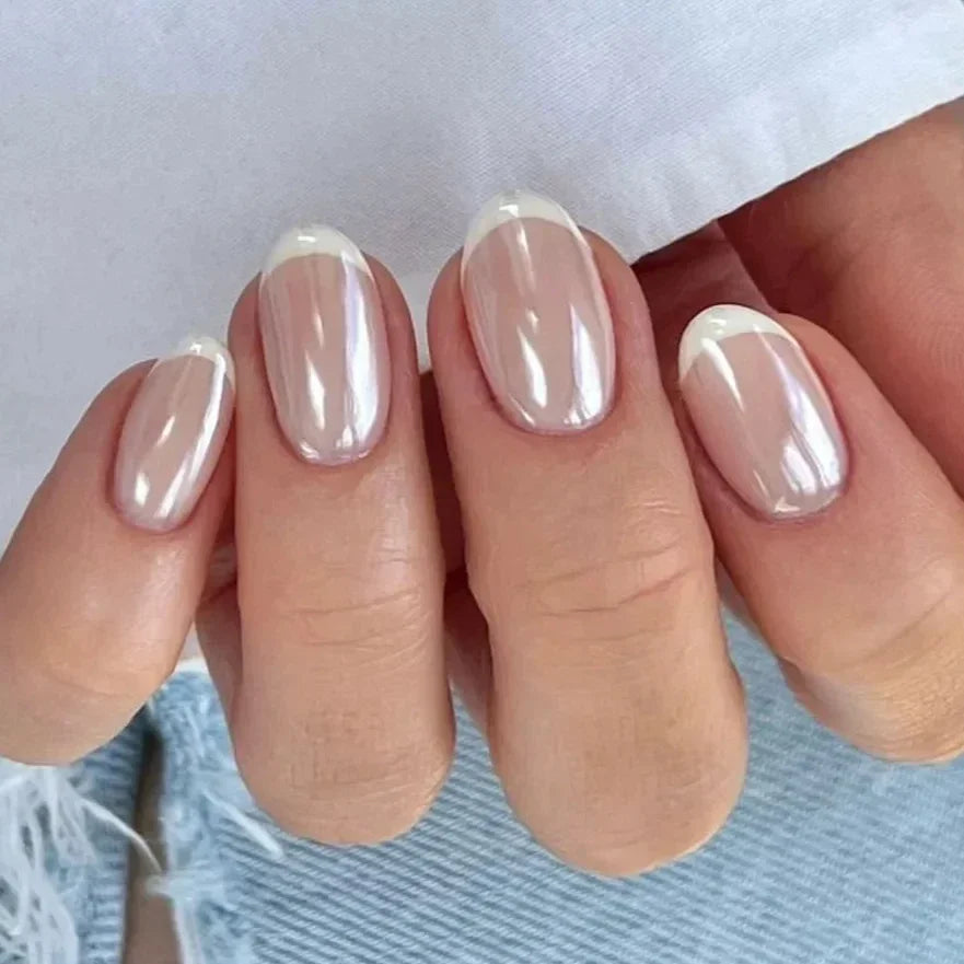 Faux ongles pointus , Aurora noir, blanc, nacré, brillant