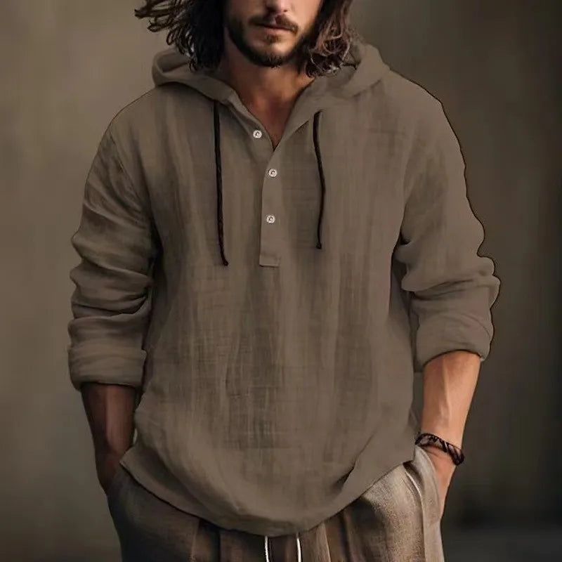 Chemise homme en lin à capuche beige, patte boutonnée et manches longues
