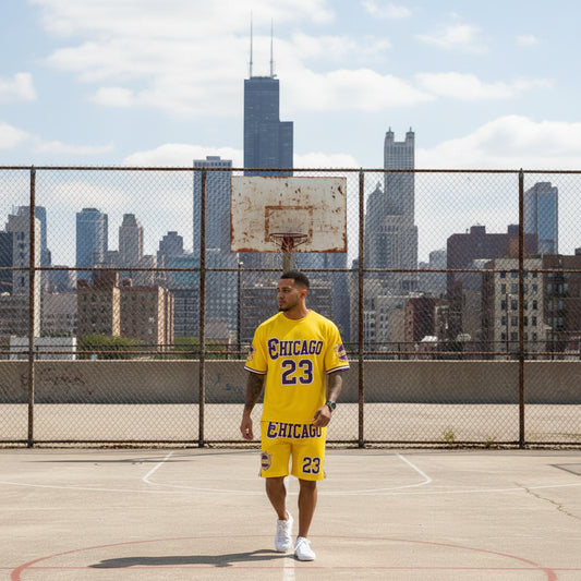 Ensemble t-shirt et short homme jaune avec imprimé Chicago 23