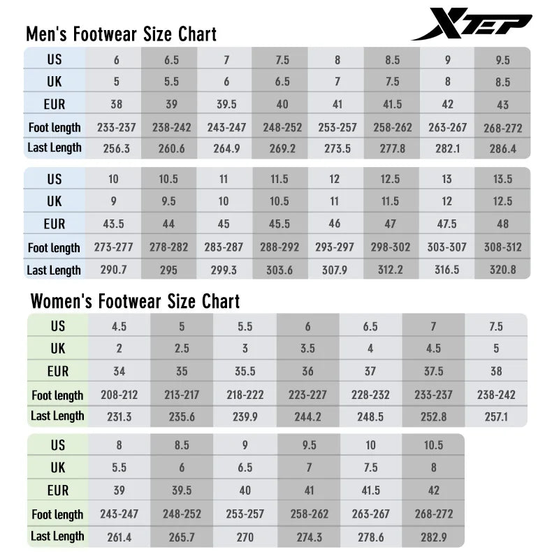 Tableau des tailles Xtep pour chaussures, correspondance US/UK/EUR