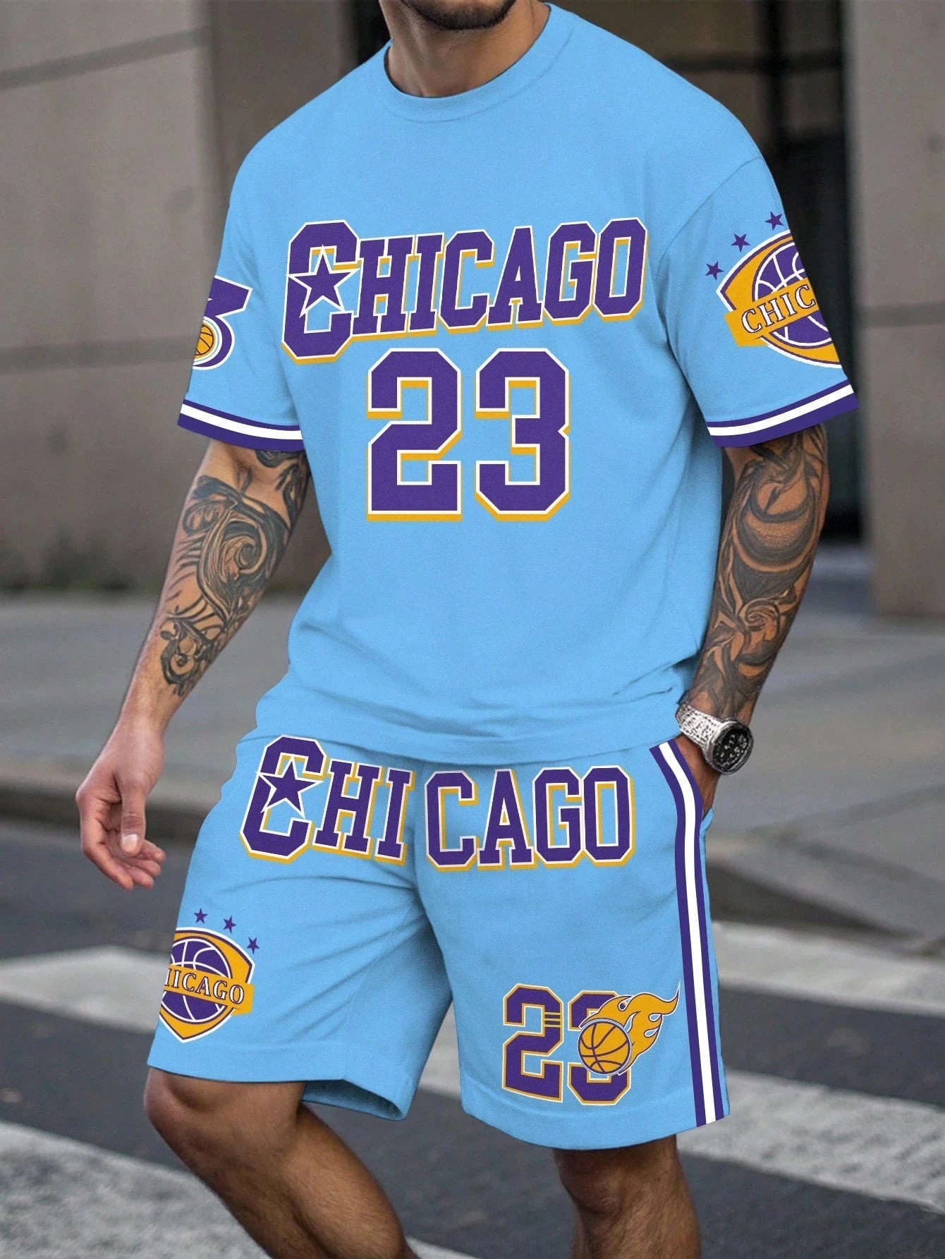 Ensemble t-shirt et short homme bleu clair avec imprimé Chicago 23