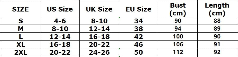 Tableau des tailles: buste et longueur en cm, S à 2XL