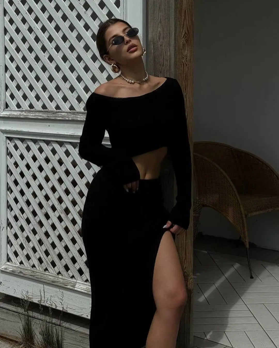 nouveauté automne/hiver jupe fendu et haut a manches longues pour femmes