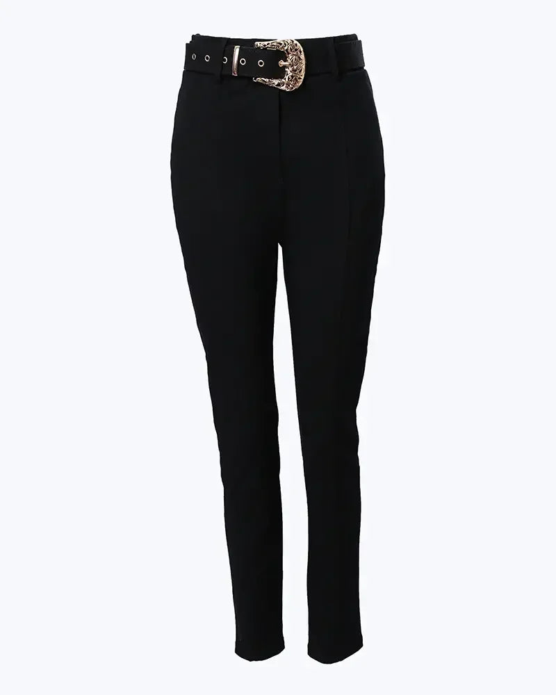 Pantalon taille haute noir slim, boucle dorée sur la ceinture, coupe droite