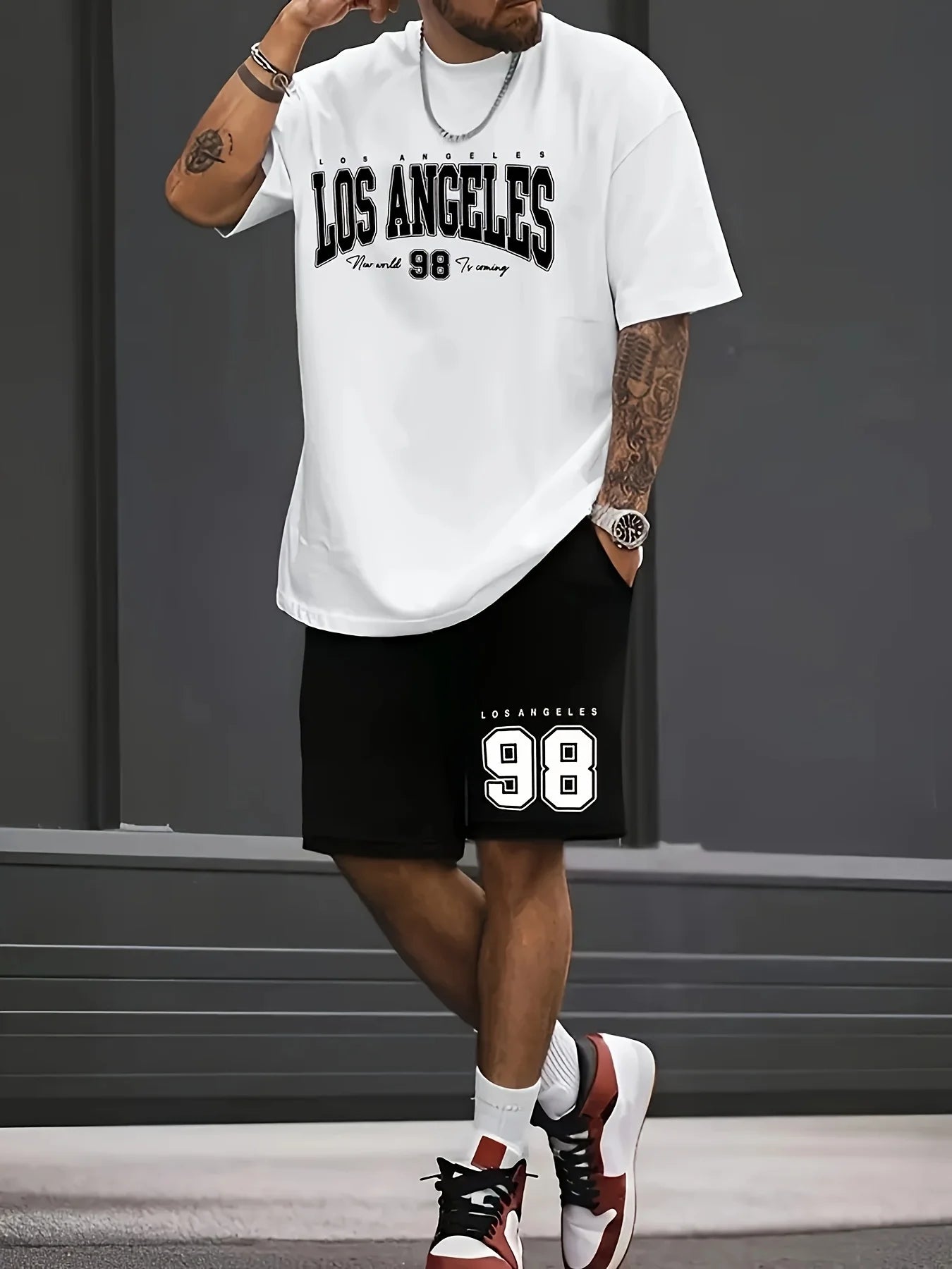 Ensemble t-shirt imprimé et short homme blanc/noir, Los Angeles 98 sur le t-shirt et le short