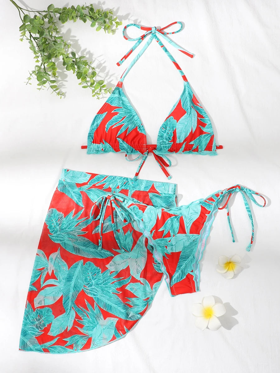 Bikini 3 pièces femme imprimé feuillage, col licou, volants, coussinets intégrés, turquoise et rouge