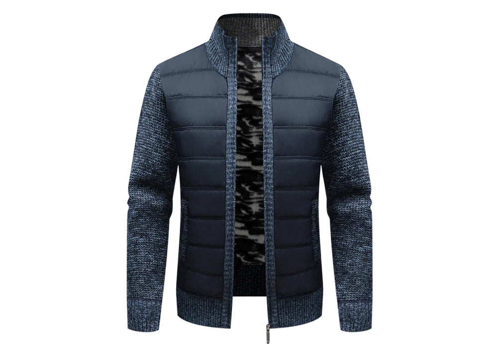 Cardigan homme bleu foncé moucheté, doublé polaire camouflage et zip frontal