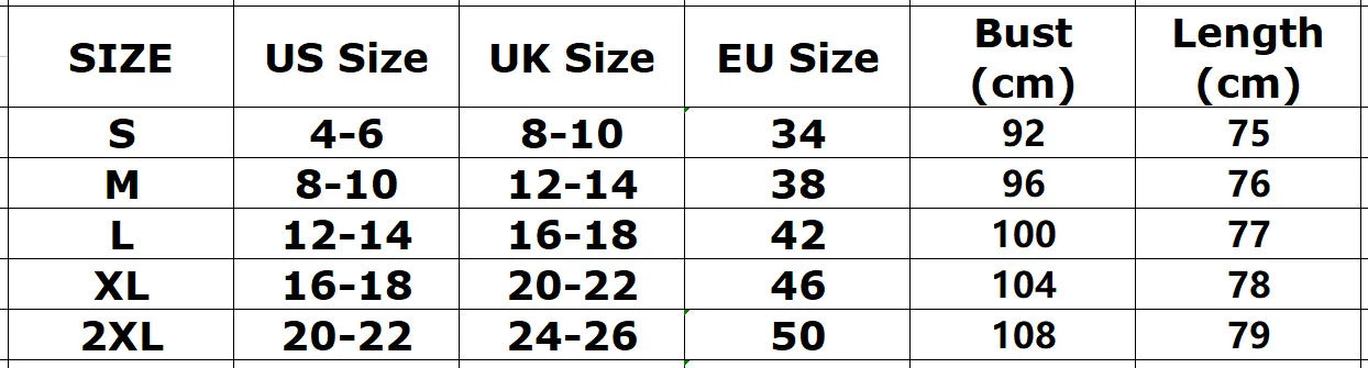 Tableau des tailles : buste et longueur (cm) S à 2XL