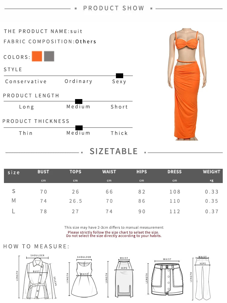 Ensemble femme orange : brassière tressée et jupe longue moulante