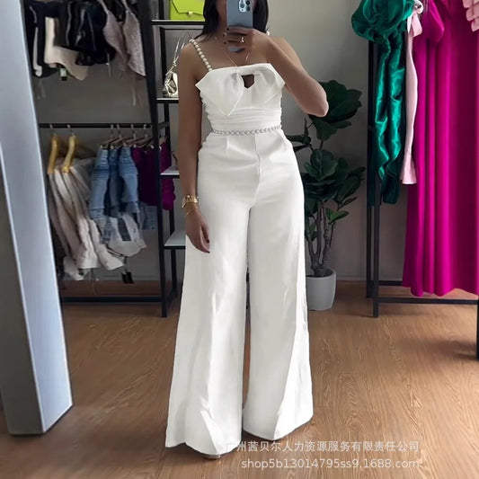Ensemble Pantalon Blanc Femme Élégant – Combinaison Jambes Larges avec Nœud et Perles