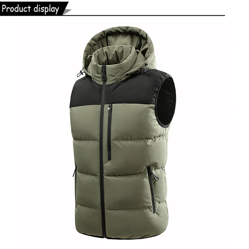 Gilet sans manches matelassé vert olive et gris foncé, capuche, fermeture zippée