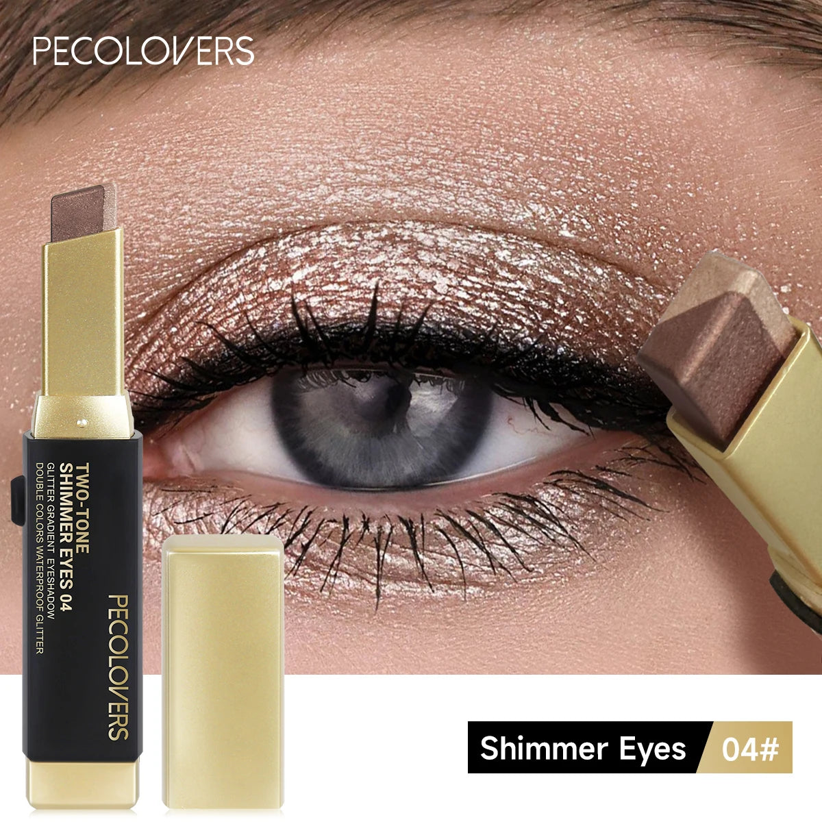 Fard à paupières en stick, rose brun et doré, maquillage pailleté sur la paupière