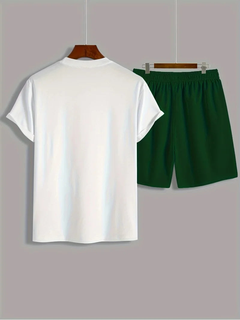 Ensemble t-shirt blanc et short vert foncé homme, col rond et taille élastique