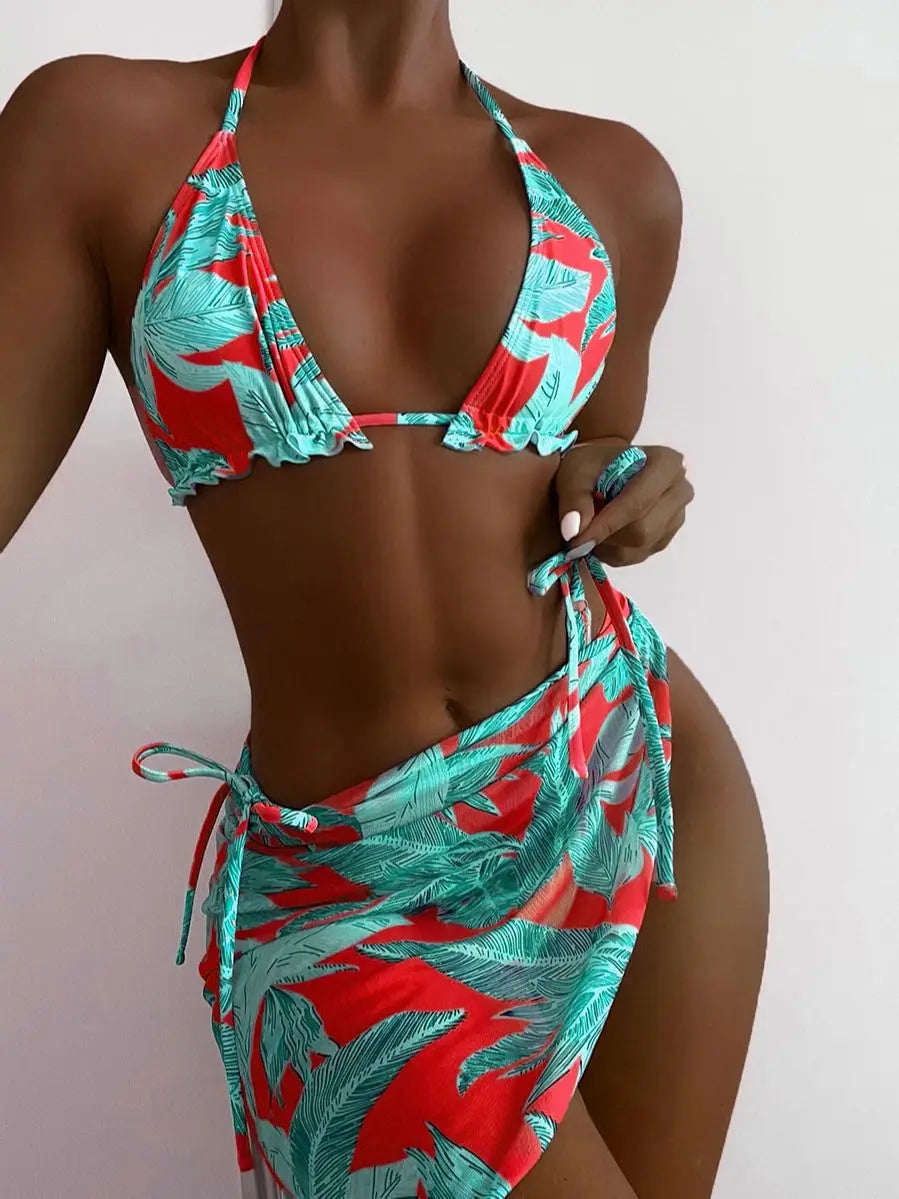 Bikini 3 pièces femme col licou à volants, imprimé feuillage, coussinets intégrés, rouge et vert