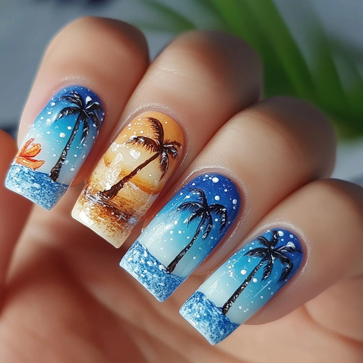 Faux ongles à pression carrée courte, fleur de Jade