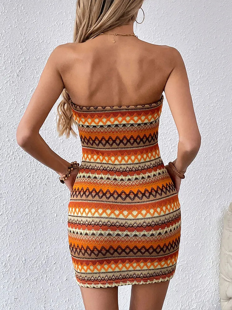 Robe Multicolore Epaules Nues - Coupe Slim Dos Nu