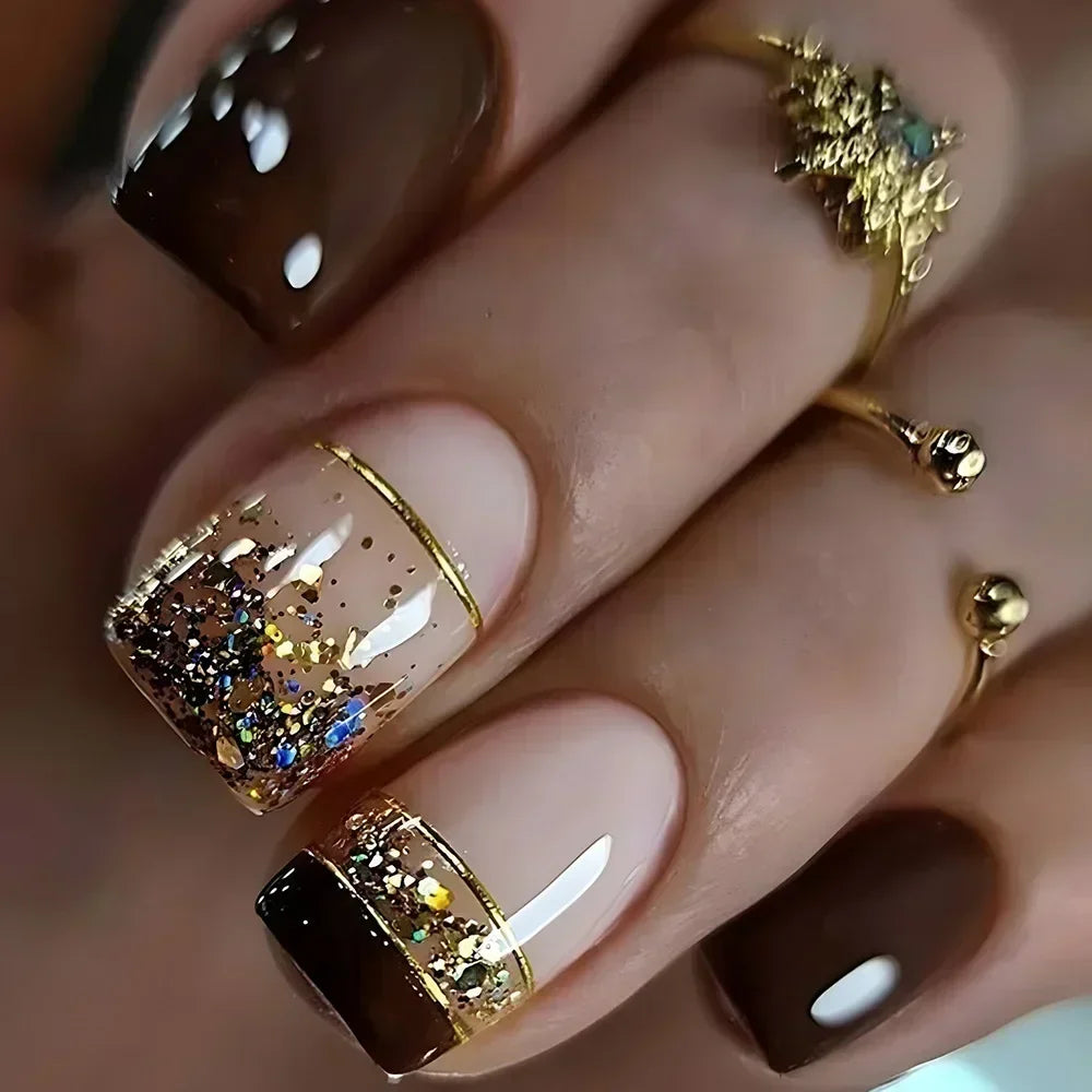Faux ongles à pression carrée courte, fleur de Jade