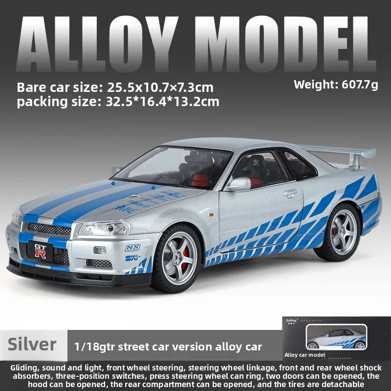 Modèle de voiture Nissan GT-R R34 Skyline en alliage roue démontable au 1/18