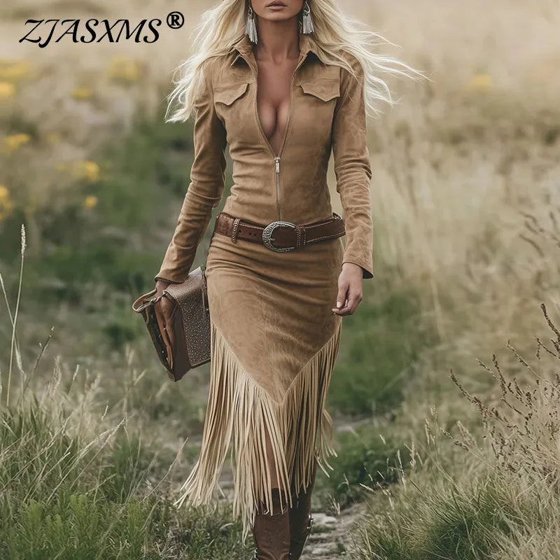 Robe Occidentale Rétro en Daim à Franges - Style Western Chic Femme