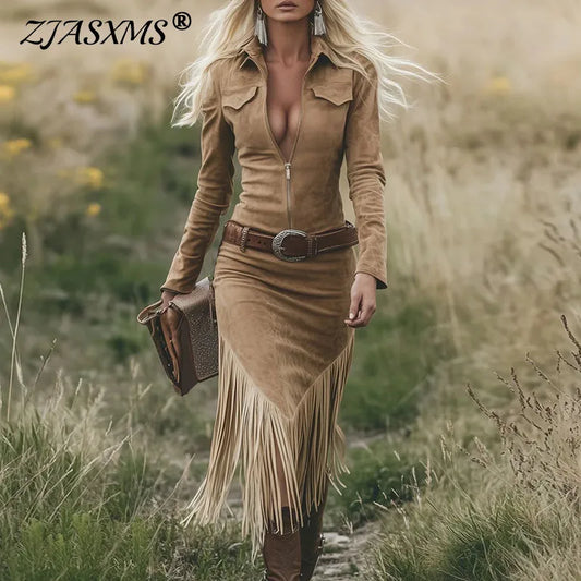 Robe Occidentale Rétro en Daim à Franges - Style Western Chic Femme