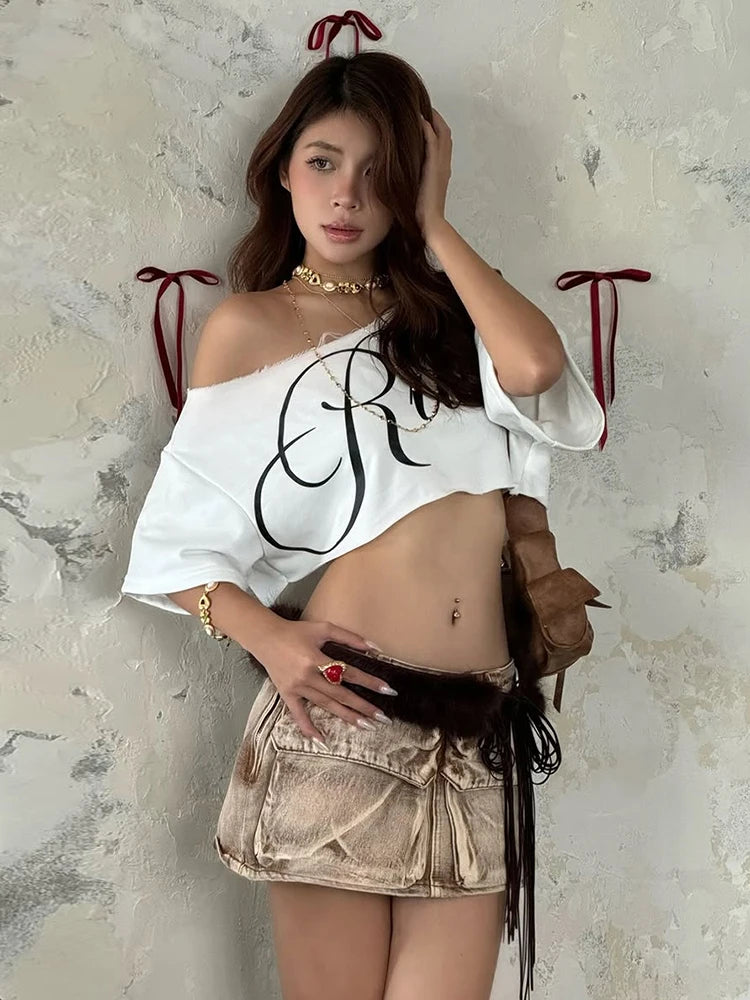 T-shirt Femme Asymétrique Imprimé Lettre - Coupe Ample Col Biais Décontracté