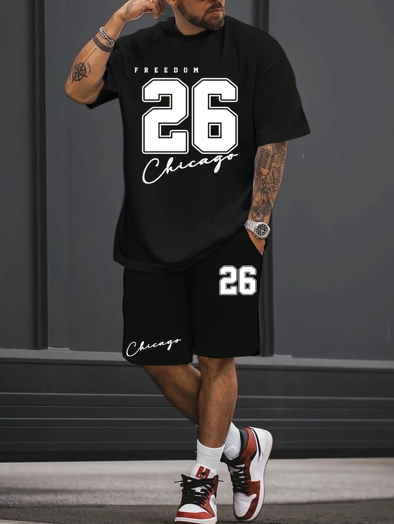 Ensemble t-shirt noir et short noir homme, imprimé 26 devant et sur le short