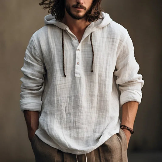 Chemise homme en lin à capuche blanche, encolure boutonnée et manches longues