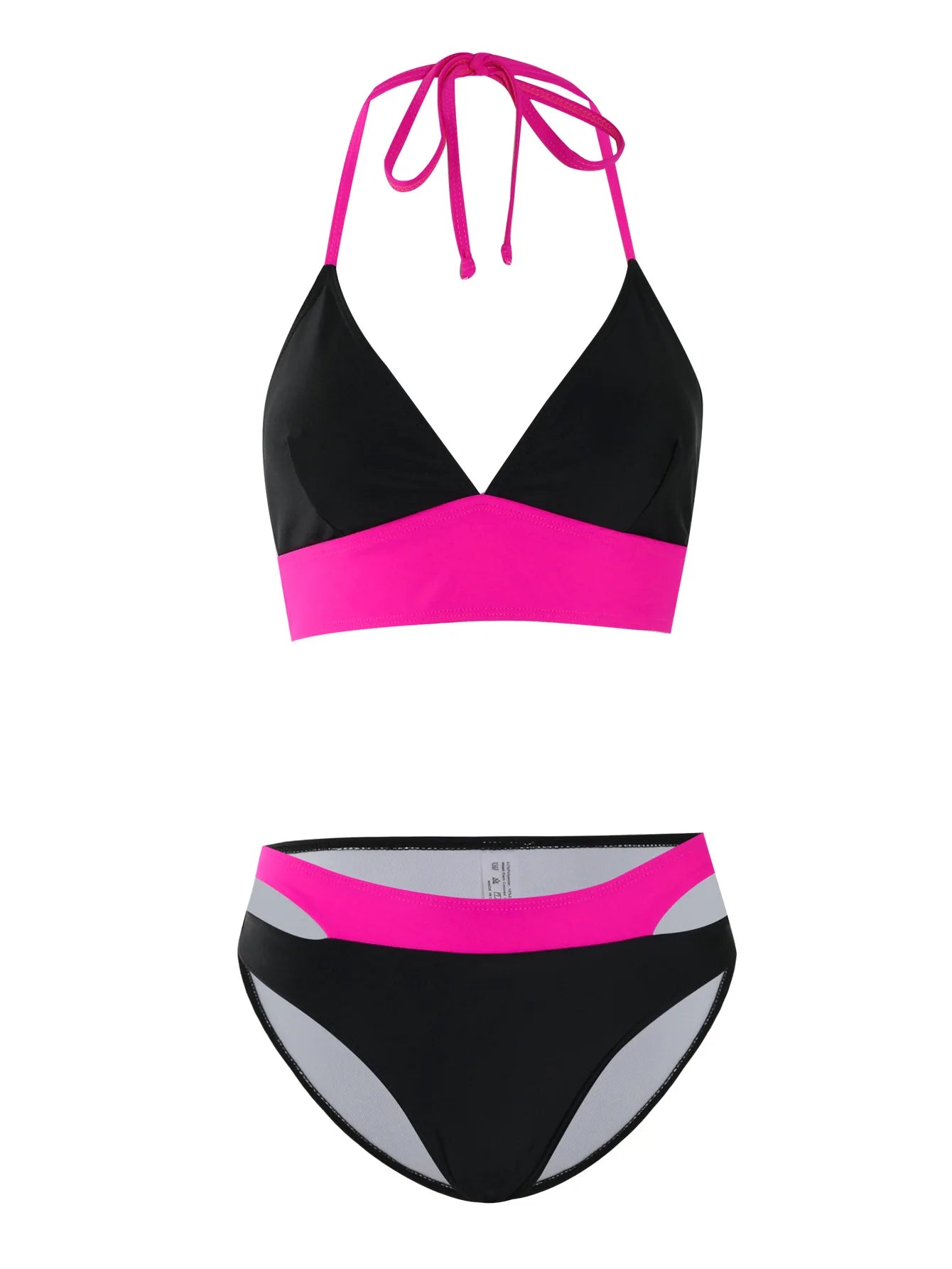 Maillot de bain 2 pièces noir et fuchsia : haut triangle à nouer, culotte brésilienne