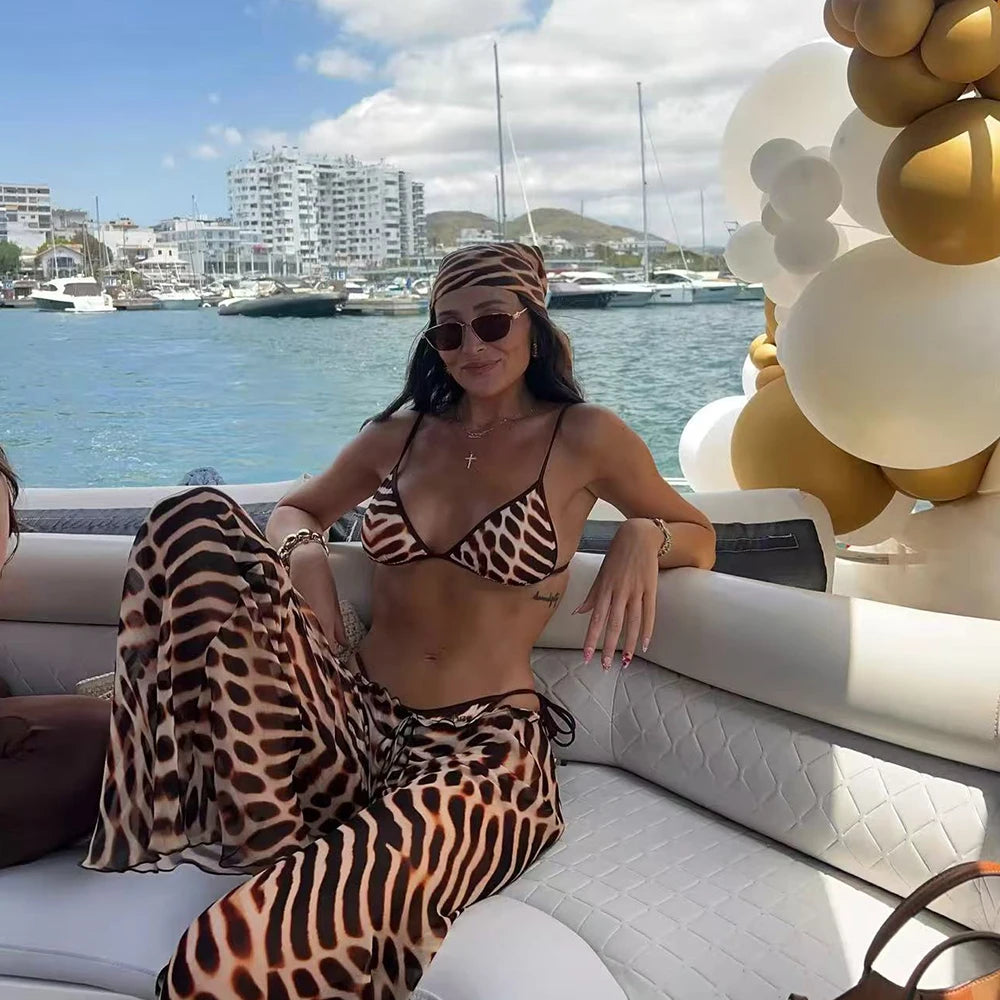 Bikini 3 Pièces Imprimé avec Kimono Cover-Up - Ensemble Maillot de Bain Luxe