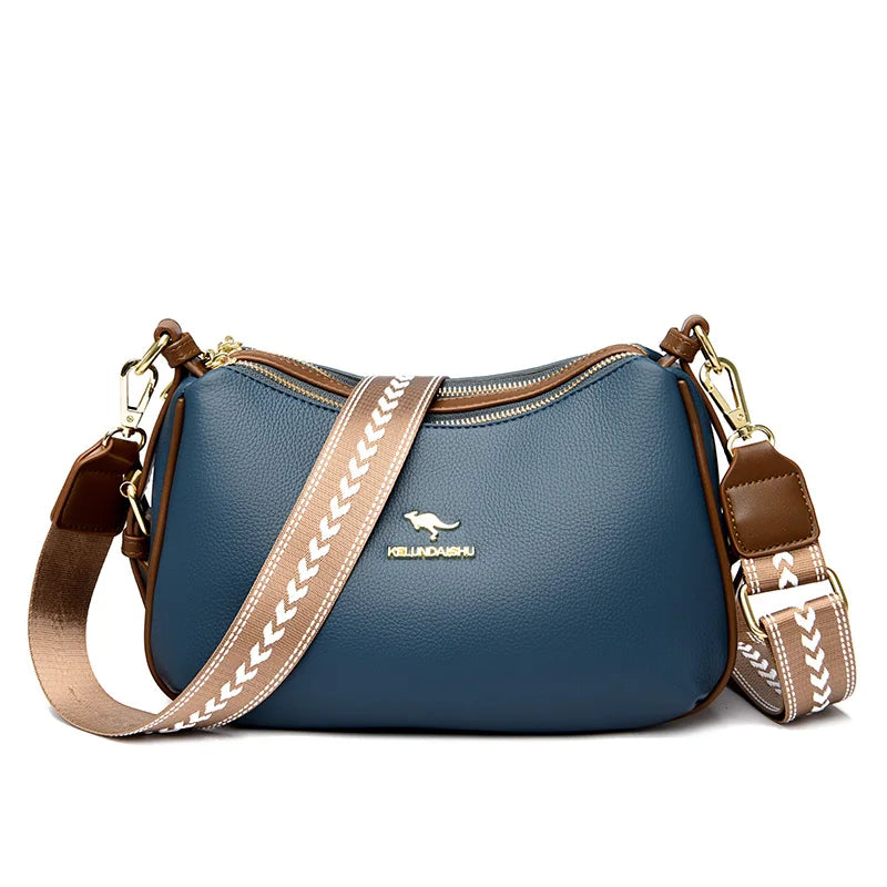 Sac bandoulière en cuir bleu roi, bandoulière beige à motif blanc