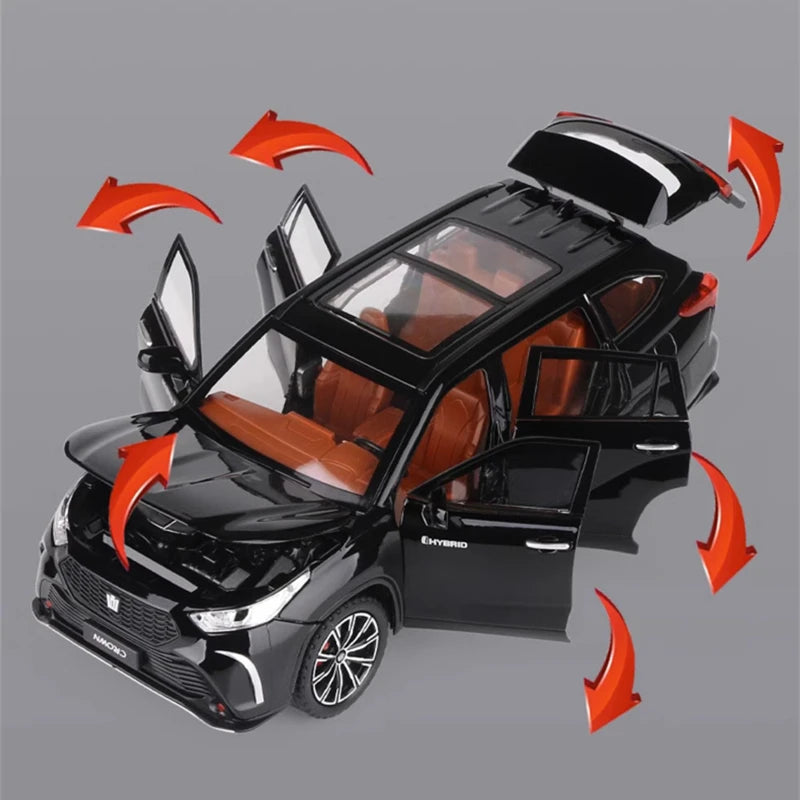Modèle réduit de SUV Toyota Crown Kluger 1:24 noir, portes ouvertes avec flèches de mouvement