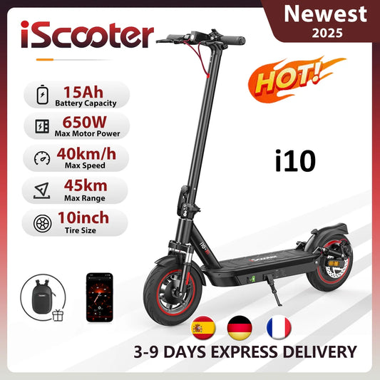 IScooter- Électrique Pliable i10 adulte, Autonomie Maximale de 45km, 650W, 15Ah, 10 Pouces