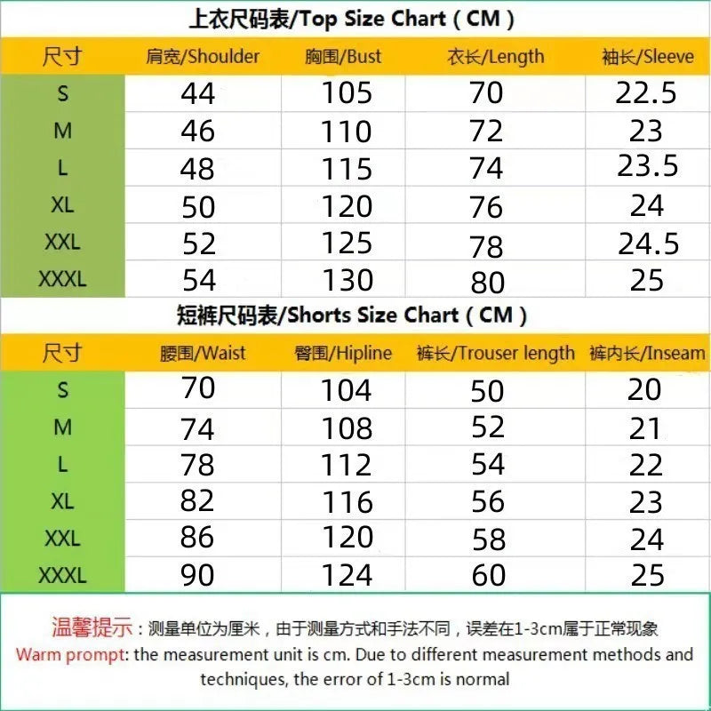 Tableau des tailles (cm) pour ensemble : guide du haut et du short.