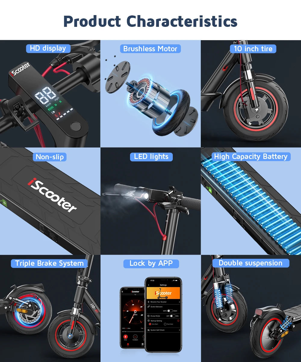 IScooter- Électrique Pliable i10 adulte, Autonomie Maximale de 45km, 650W, 15Ah, 10 Pouces