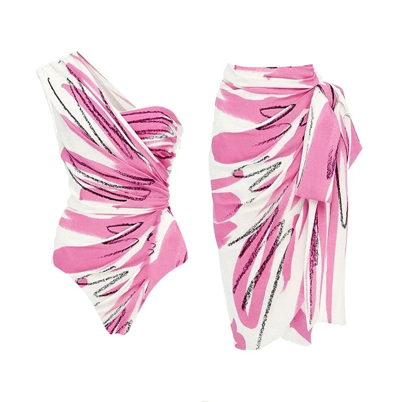 Maillot de Bain Une Pièce Asymétrique Fleuri - Volants & Lacets - Push-Up Sexy