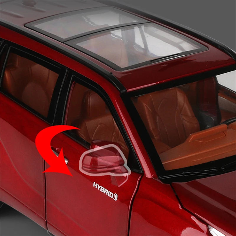 Modèle réduit de SUV Toyota Crown Kluger 1:24 rouge, détail de la porte et du badge Hybrid