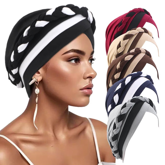 Foulard turban tressé à bandes noir et blanc, tresse torsadée sur le dessus