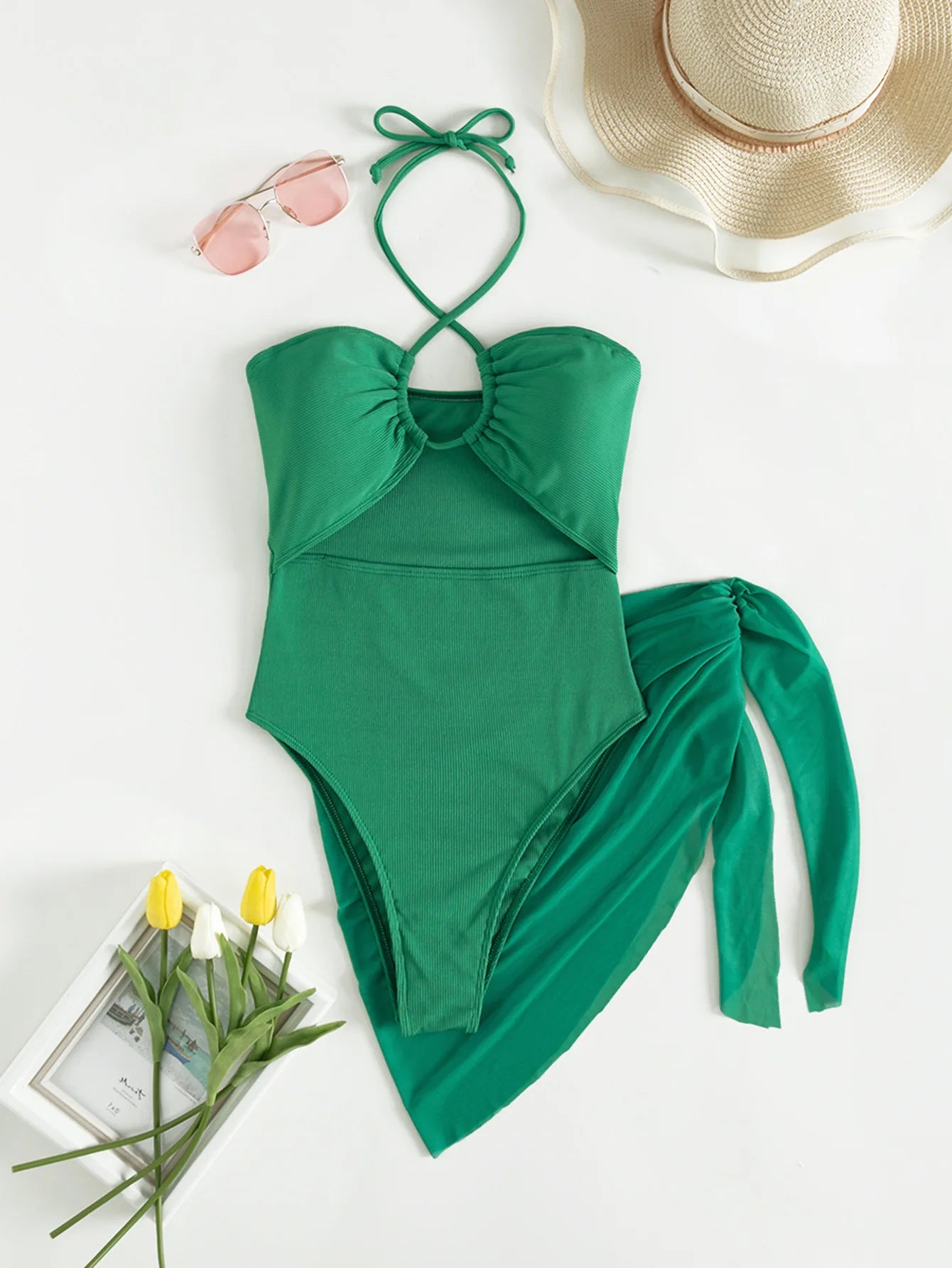 Maillot de Bain 1 Pièce Femme Licou avec Jupe - Bikini Élégant Découpe