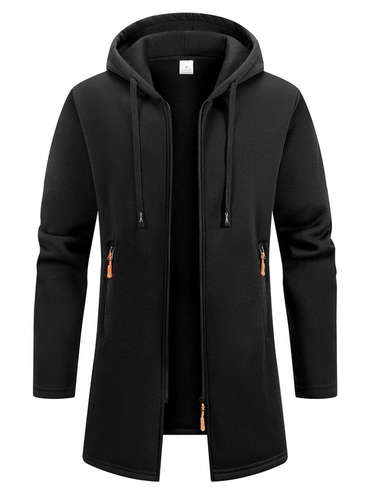 Veste longue à capuche décontractée noire, fermeture zippée, poches sur les côtés
